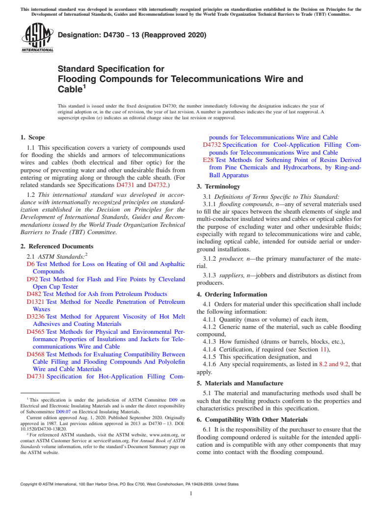 ASTM D4730-13(2020) - Standard Specification for  Flooding Compounds for Telecommunications Wire and Cable