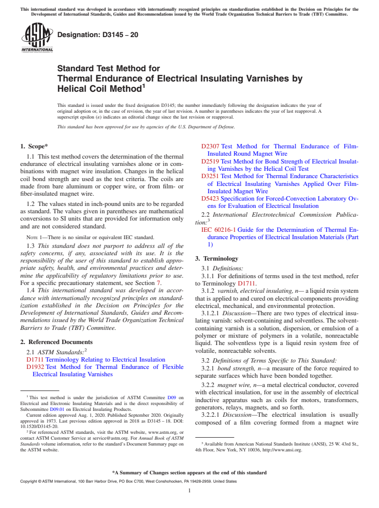 ASTM D3145-20 - Standard Test Method for  Thermal Endurance of Electrical Insulating Varnishes by Helical  Coil Method