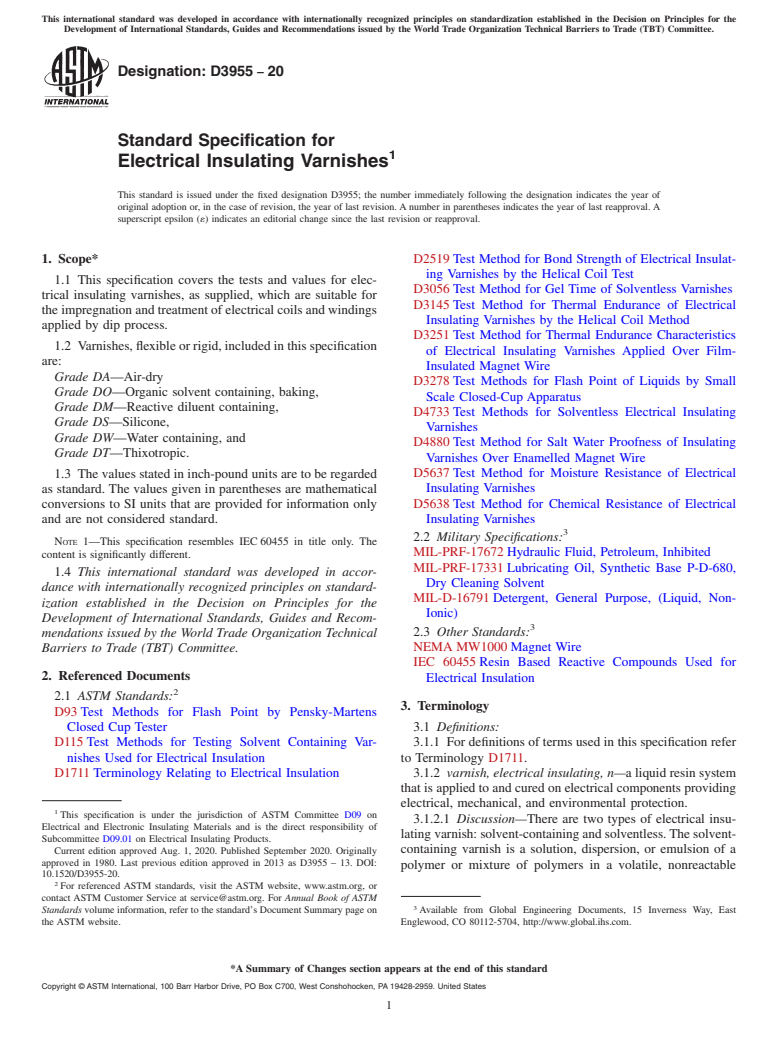 ASTM D3955-20 - Standard Specification for  Electrical Insulating Varnishes