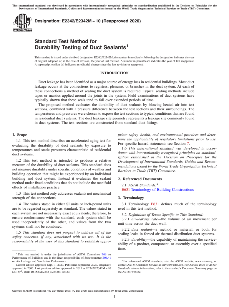 ASTM E2342/E2342M-10(2020) - Standard Test Method for Durability Testing of Duct Sealants