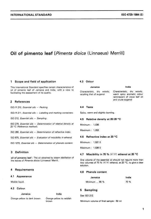 ISO 4729:1984 - Oil of pimento leaf (Pimenta dioica (Linnaeus) Merrill)