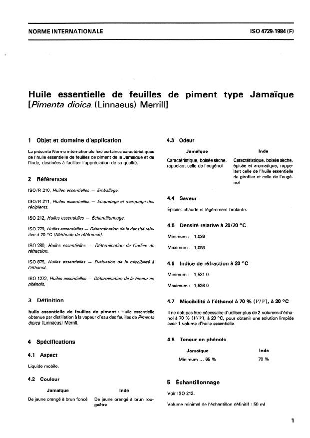 ISO 4729:1984 - Huile essentielle de feuilles de piment type Jamaique (Pimenta dioica (Linnaeus) Merrill)