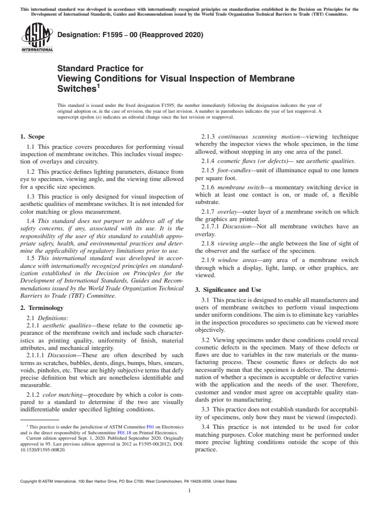 ASTM F1595-00(2020) - Standard Practice for  Viewing Conditions for Visual Inspection of Membrane Switches