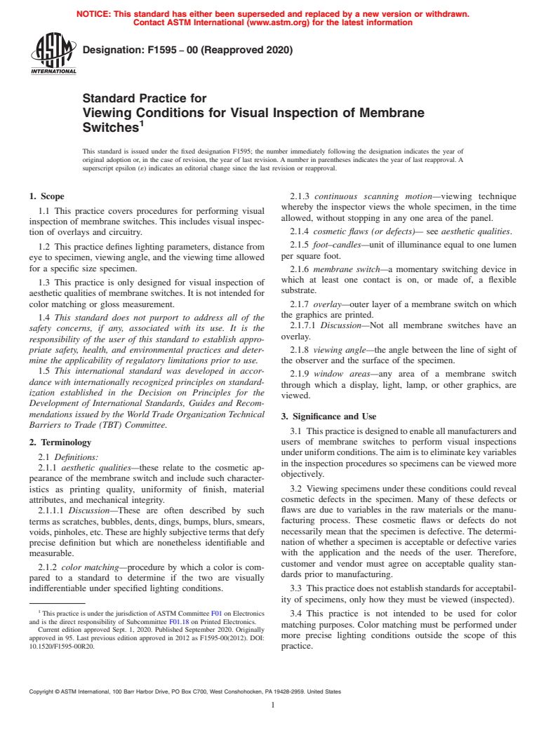 ASTM F1595-00(2020) - Standard Practice for  Viewing Conditions for Visual Inspection of Membrane Switches (Withdrawn 2023)