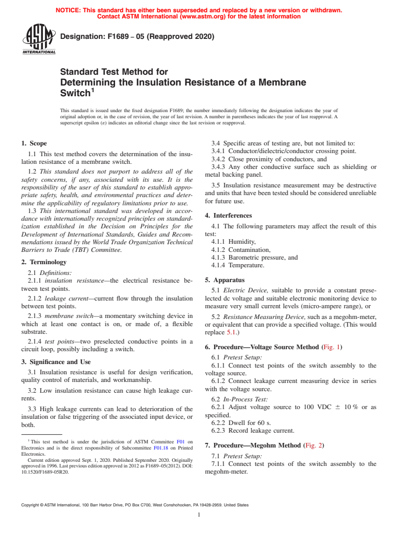 ASTM F1689-05(2020) - Standard Test Method for  Determining the Insulation Resistance of a Membrane Switch (Withdrawn 2023)