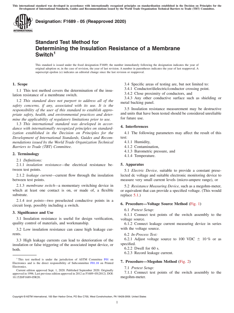 ASTM F1689-05(2020) - Standard Test Method for  Determining the Insulation Resistance of a Membrane Switch