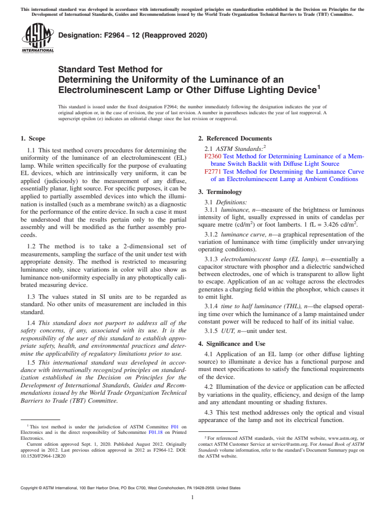 ASTM F2964-12(2020) - Standard Test Method for Determining the Uniformity of the Luminance of an Electroluminescent  Lamp or Other Diffuse Lighting Device