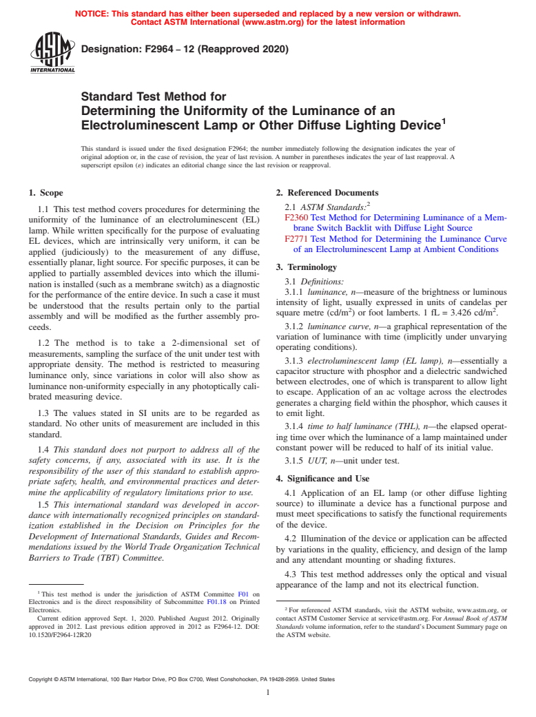 ASTM F2964-12(2020) - Standard Test Method for Determining the Uniformity of the Luminance of an Electroluminescent  Lamp or Other Diffuse Lighting Device (Withdrawn 2023)