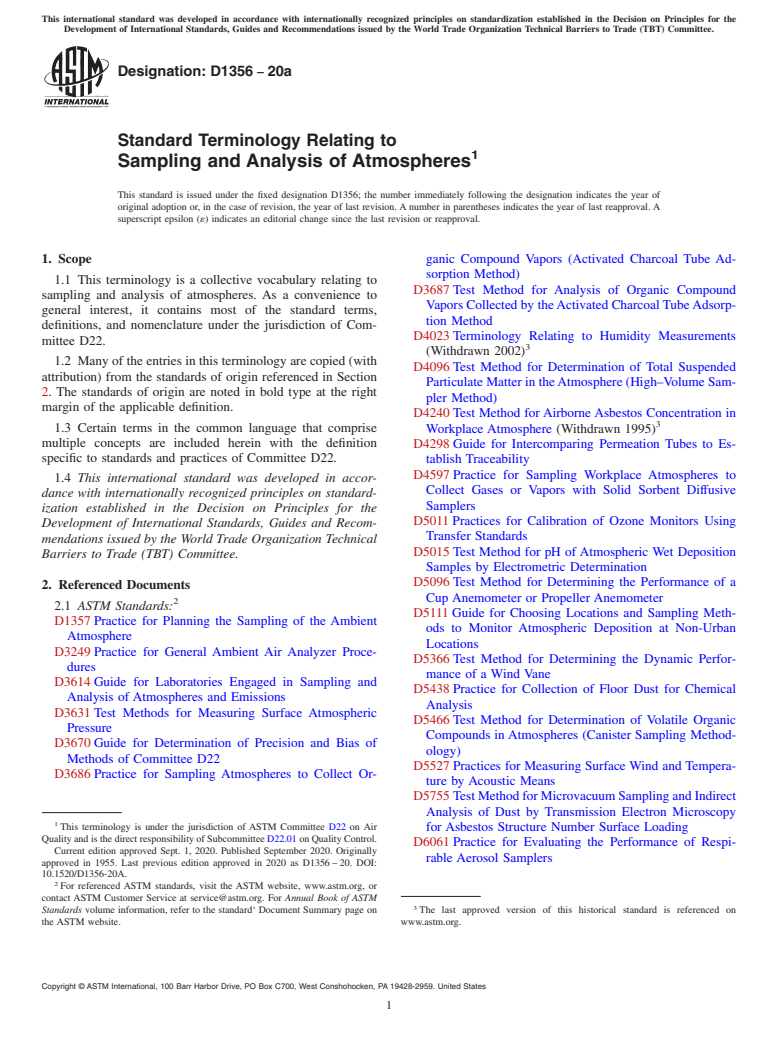 ASTM D1356-20a - Standard Terminology Relating to  Sampling and Analysis of Atmospheres