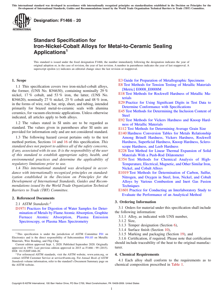 ASTM F1466-20 - Standard Specification for  Iron-Nickel-Cobalt Alloys for Metal-to-Ceramic Sealing Applications