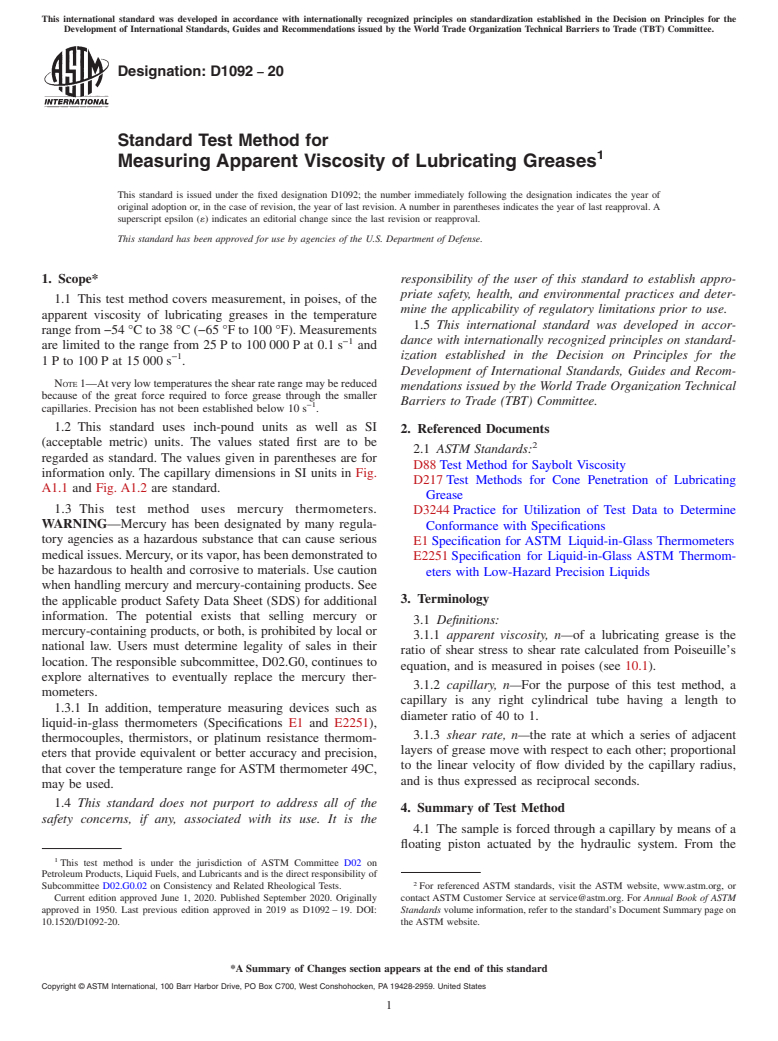 ASTM D1092-20 - Standard Test Method for Measuring Apparent Viscosity of Lubricating Greases