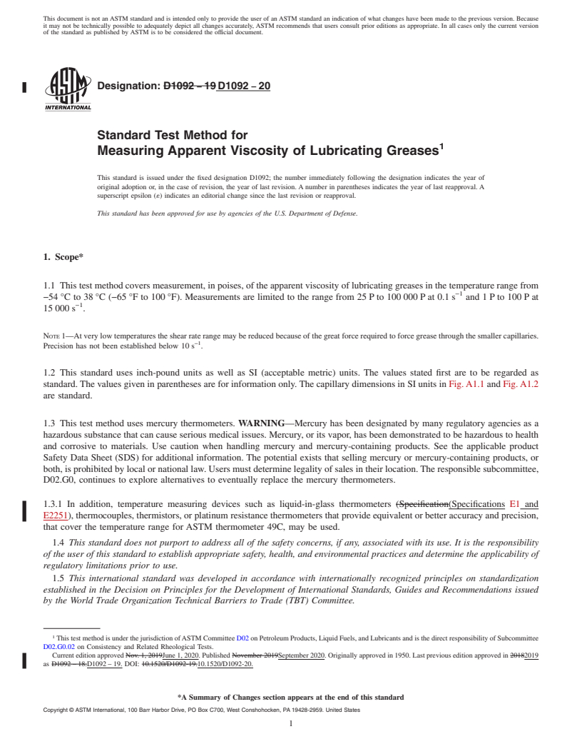 REDLINE ASTM D1092-20 - Standard Test Method for Measuring Apparent Viscosity of Lubricating Greases