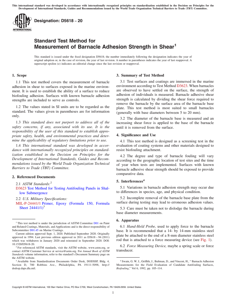 ASTM D5618-20 - Standard Test Method for Measurement of Barnacle Adhesion Strength in Shear