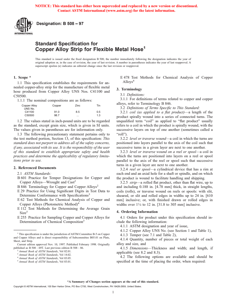 ASTM B508-97 - Standard Specification for Copper Alloy Strip for Flexible Metal Hose