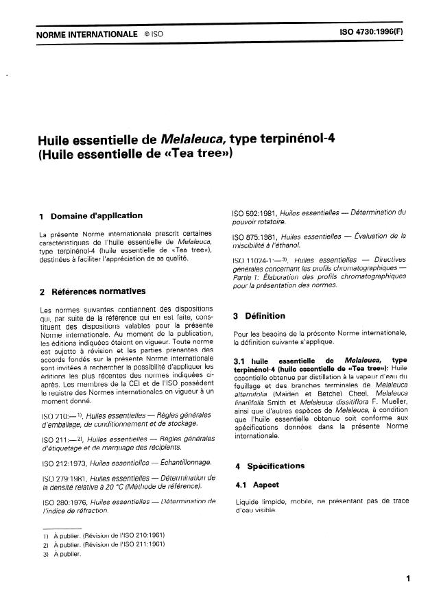 ISO 4730:1996 - Huile essentielle de Melaleuca, type terpinénol-4 (Huile essentielle de "Tea tree")