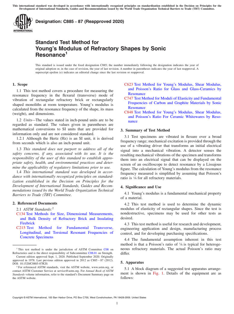 ASTM C885-87(2020) - Standard Test Method for Young&#x2019;s Modulus of Refractory Shapes by Sonic Resonance