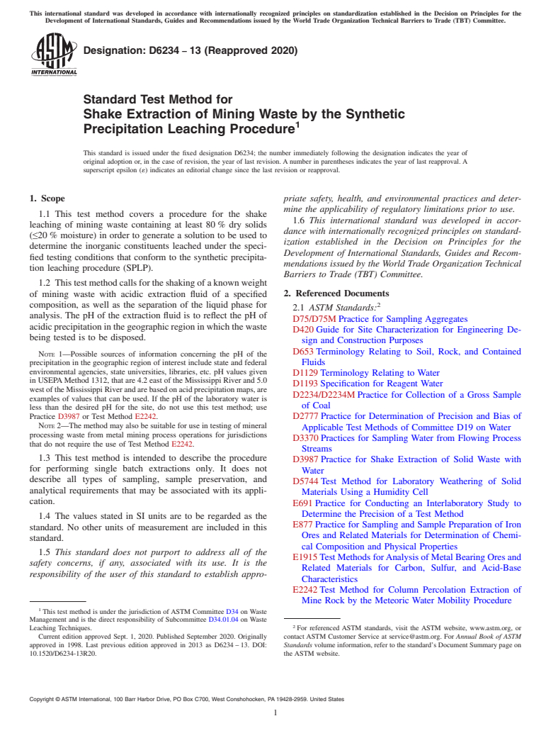 ASTM D6234-13(2020) - Standard Test Method for Shake Extraction of Mining Waste by the Synthetic Precipitation  Leaching Procedure