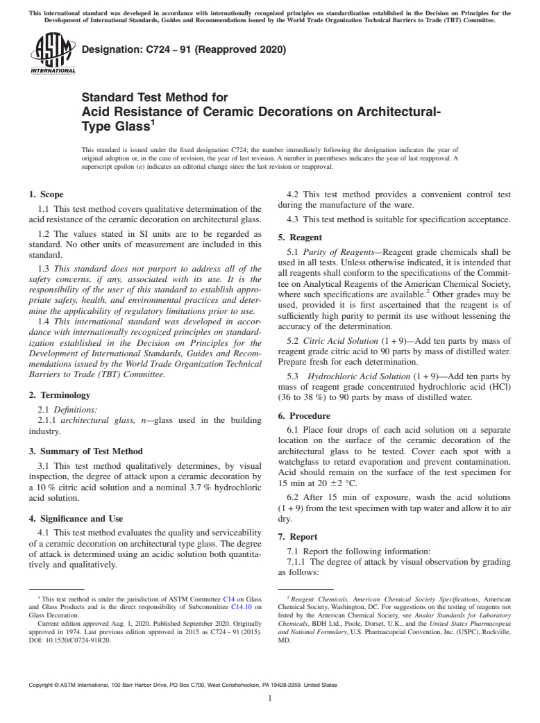 ASTM C724-91(2020) - Standard Test Method for  Acid Resistance of Ceramic Decorations on Architectural-Type   Glass