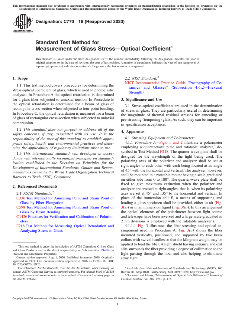 ASTM C770-16(2020) - Standard Test Method for  Measurement of Glass Stress&#x2014;Optical Coefficient