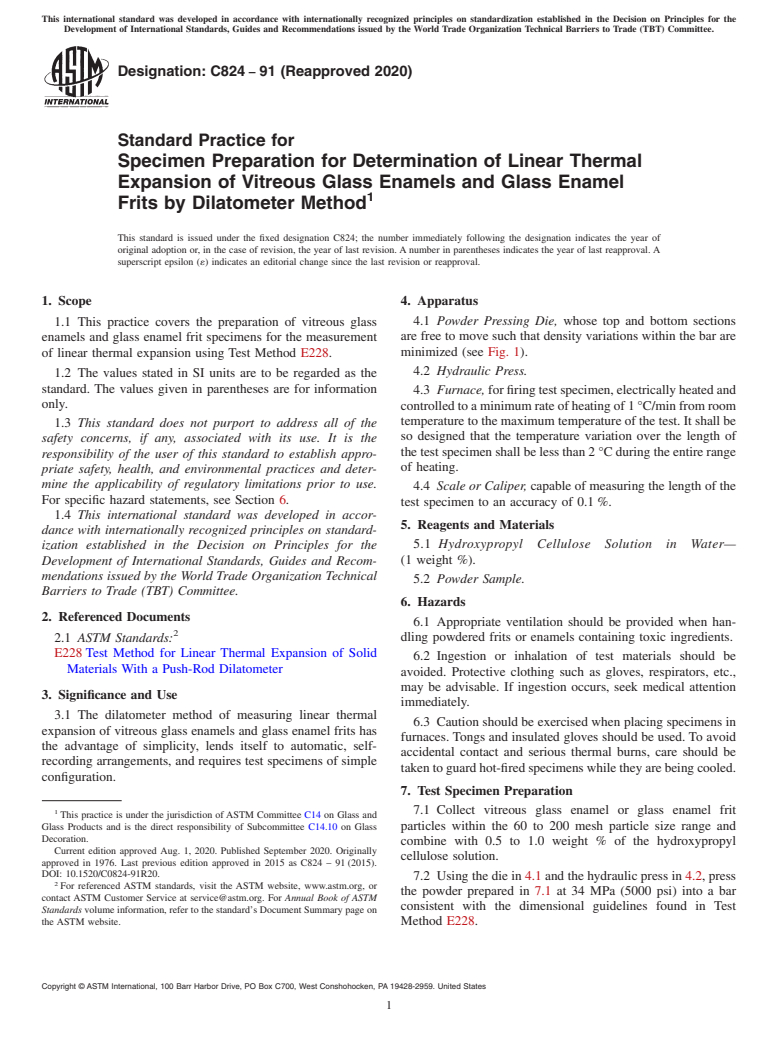 ASTM C824-91(2020) - Standard Practice for  Specimen Preparation for Determination of Linear Thermal Expansion  of Vitreous Glass Enamels and Glass Enamel Frits by Dilatometer Method