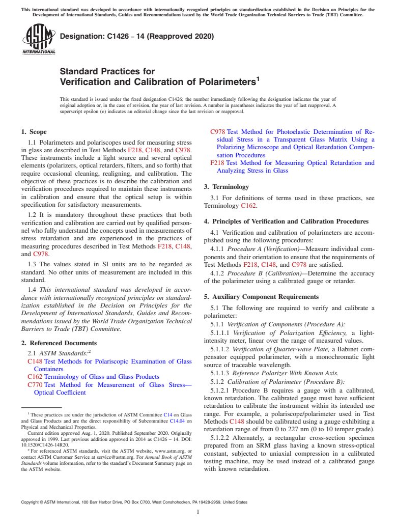 ASTM C1426-14(2020) - Standard Practices for  Verification and Calibration of Polarimeters