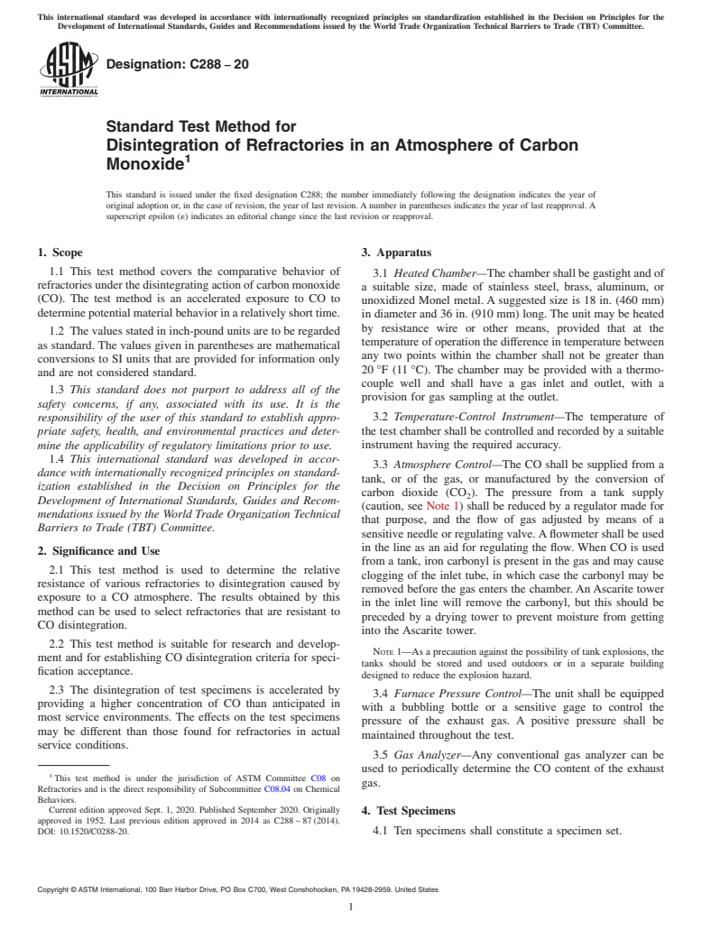 ASTM C288-20 - Standard Test Method for Disintegration of Refractories in an Atmosphere of Carbon Monoxide