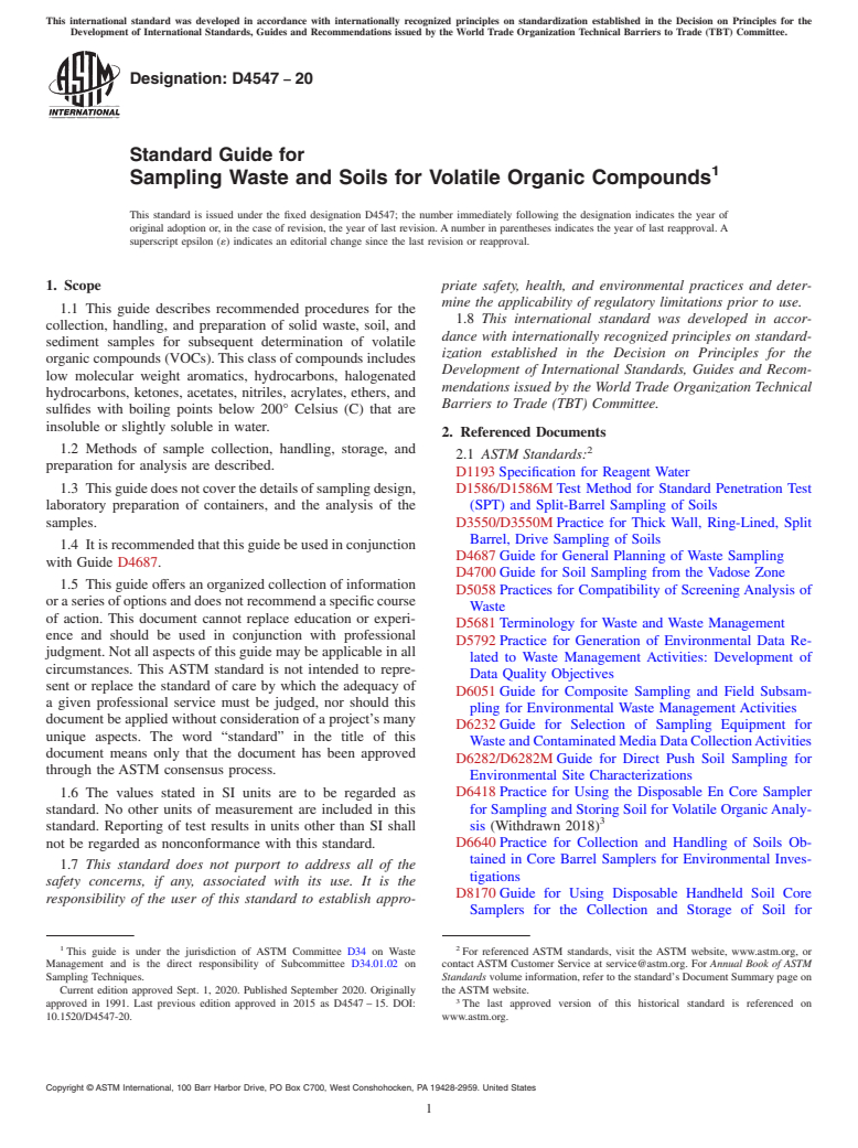 ASTM D4547-20 - Standard Guide for Sampling Waste and Soils for Volatile Organic Compounds