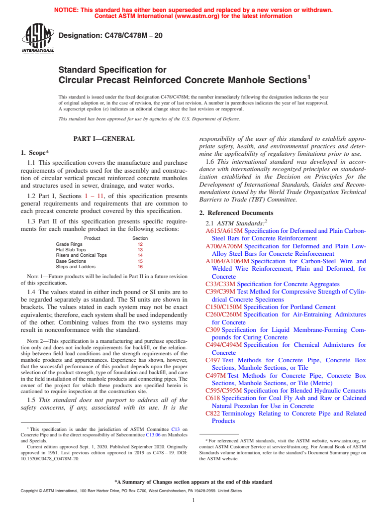 ASTM C478/C478M-20 - Standard Specification for  Circular Precast Reinforced Concrete Manhole Sections