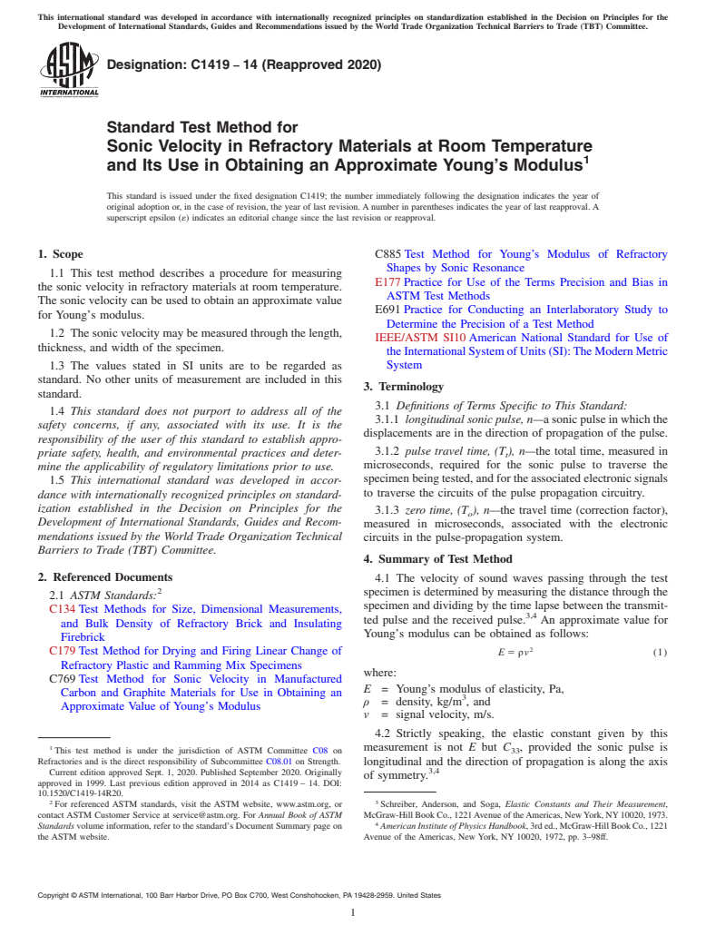 ASTM C1419-14(2020) - Standard Test Method for Sonic Velocity in Refractory Materials at Room Temperature  and Its Use in Obtaining an Approximate Young's Modulus