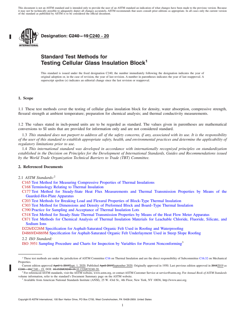 REDLINE ASTM C240-20 - Standard Test Methods for Testing Cellular Glass Insulation Block