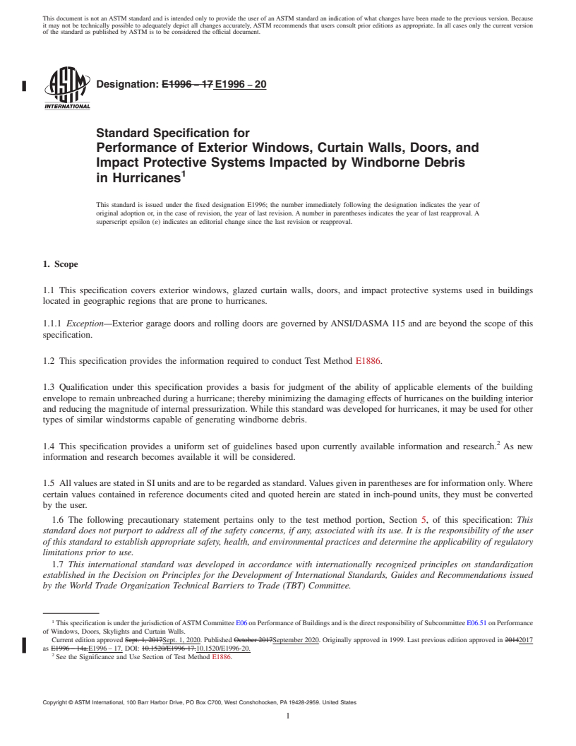 REDLINE ASTM E1996-20 - Standard Specification for Performance of Exterior Windows, Curtain Walls, Doors, and  Impact Protective Systems Impacted by Windborne Debris in Hurricanes