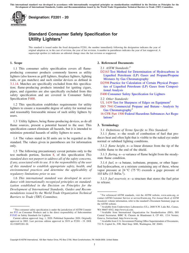 ASTM F2201-20 - Standard Consumer Safety Specification for Utility Lighters