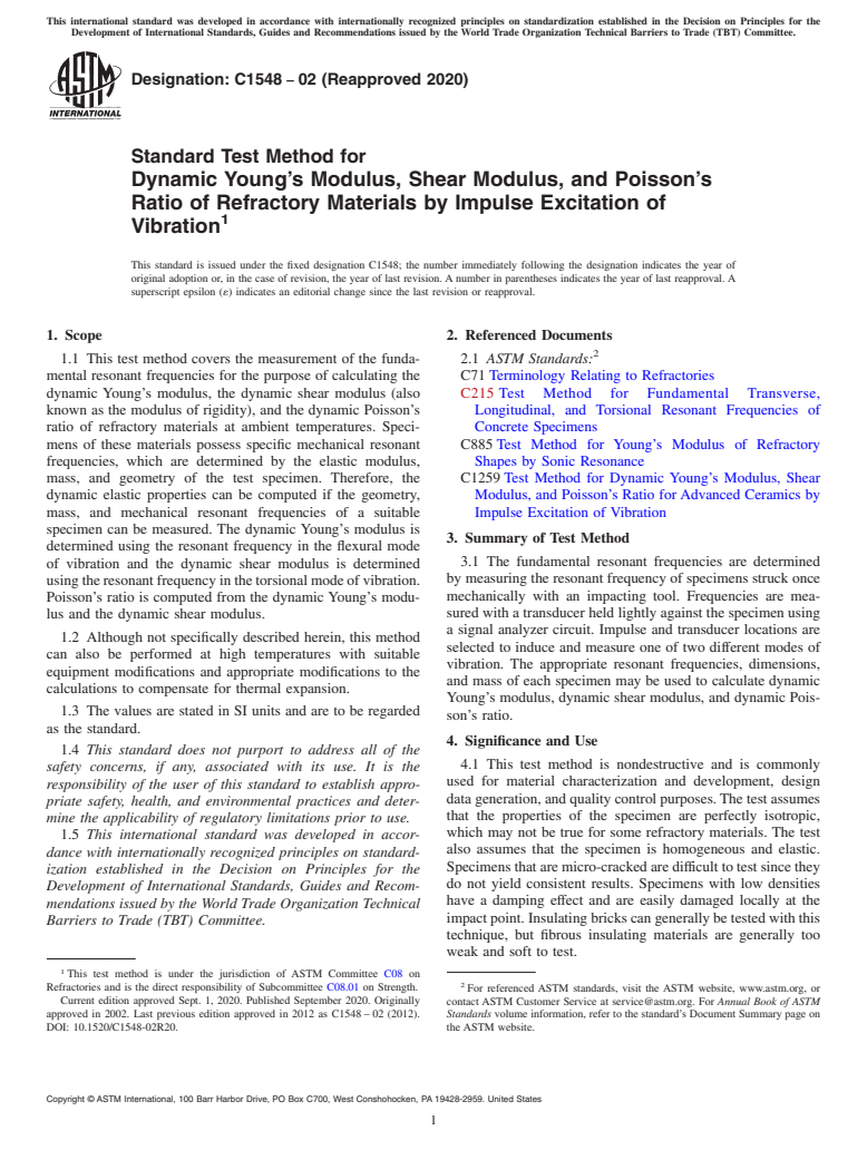 ASTM C1548-02(2020) - Standard Test Method for Dynamic Young&#x2019;s Modulus, Shear Modulus, and Poisson&#x2019;s  Ratio  of Refractory Materials by Impulse Excitation of Vibration