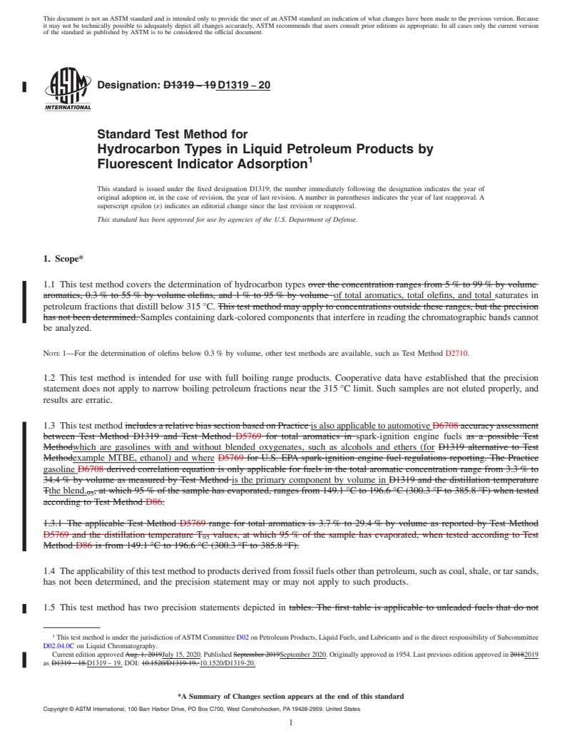 REDLINE ASTM D1319-20 - Standard Test Method for Hydrocarbon Types in Liquid Petroleum Products by Fluorescent   Indicator Adsorption