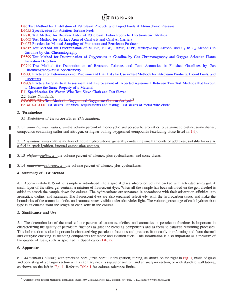 REDLINE ASTM D1319-20 - Standard Test Method for Hydrocarbon Types in Liquid Petroleum Products by Fluorescent   Indicator Adsorption