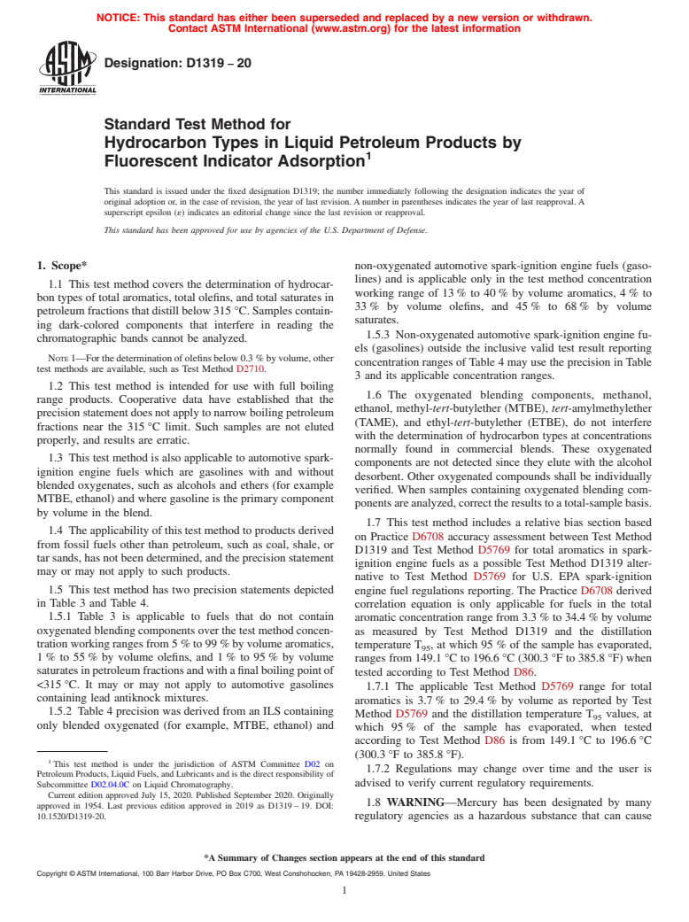 ASTM D1319-20 - Standard Test Method for Hydrocarbon Types in Liquid Petroleum Products by Fluorescent   Indicator Adsorption