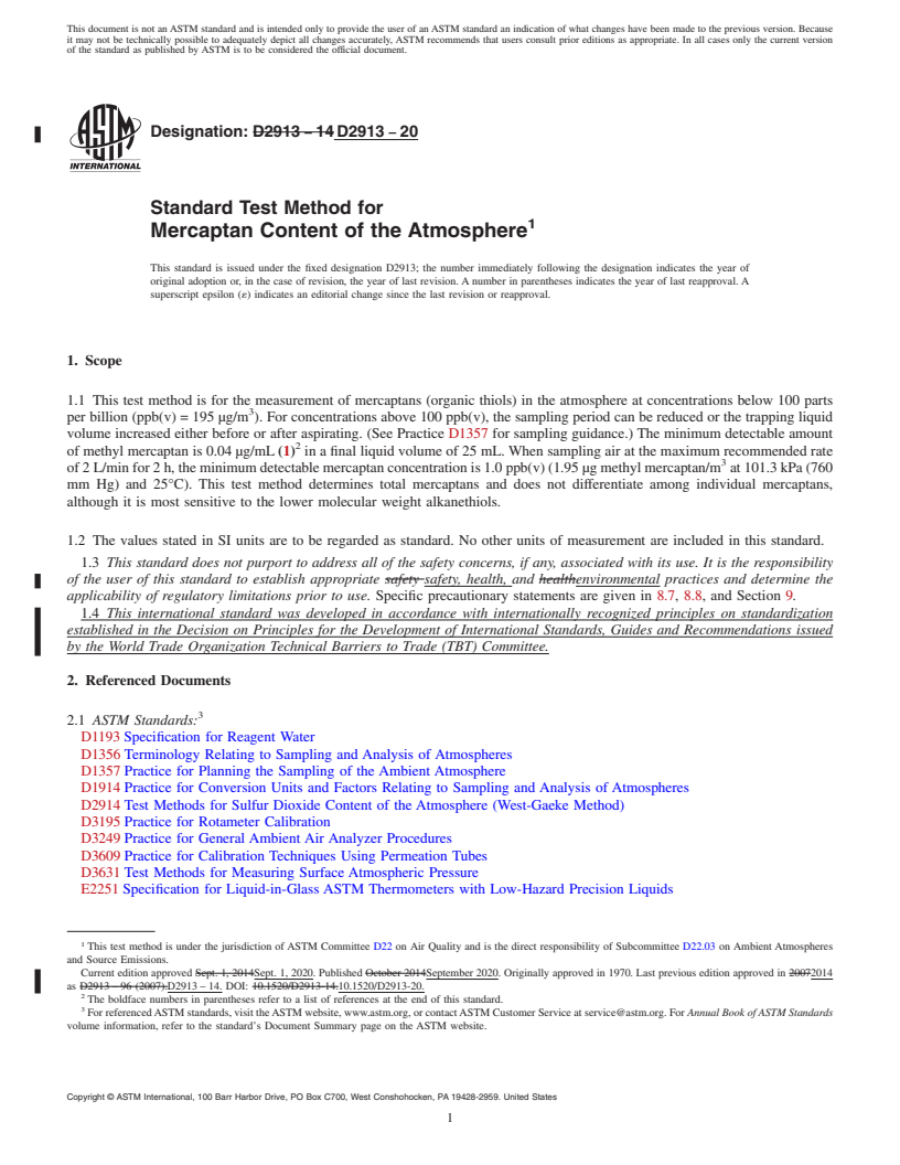 REDLINE ASTM D2913-20 - Standard Test Method for  Mercaptan Content of the Atmosphere
