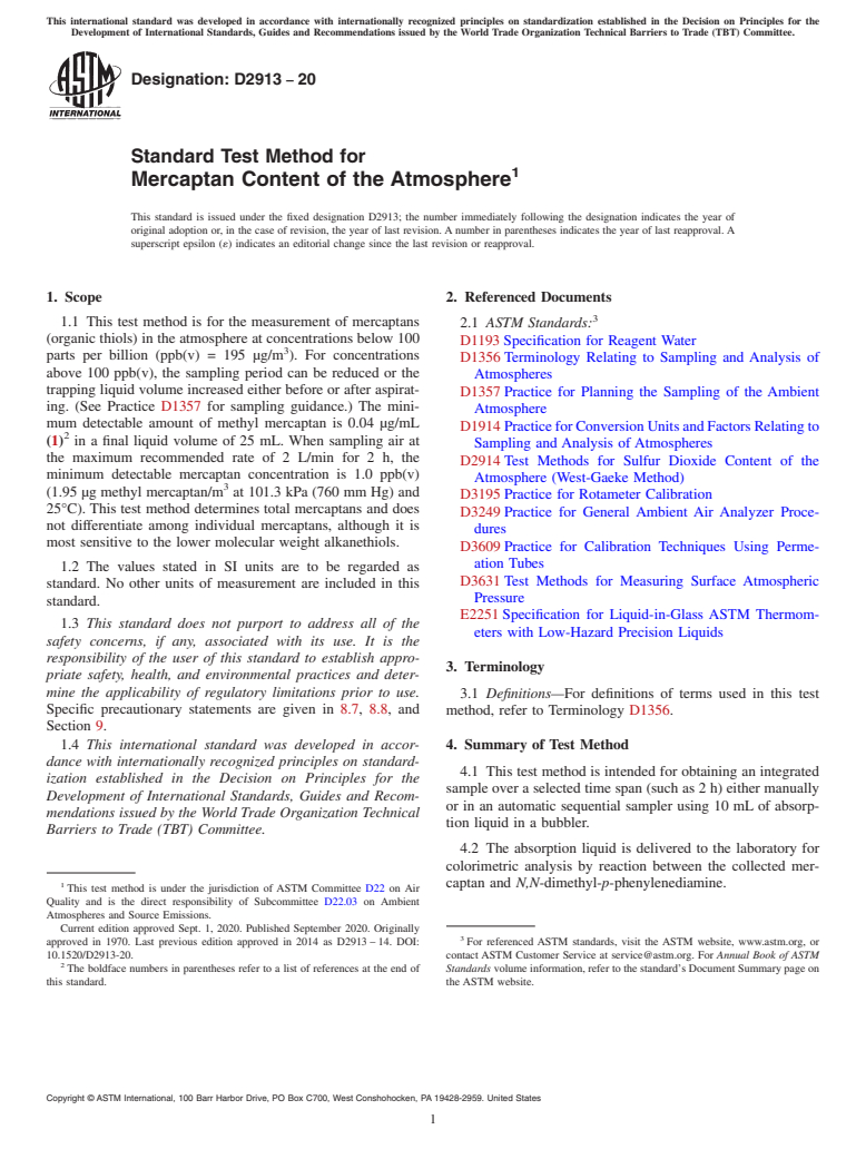 ASTM D2913-20 - Standard Test Method for  Mercaptan Content of the Atmosphere
