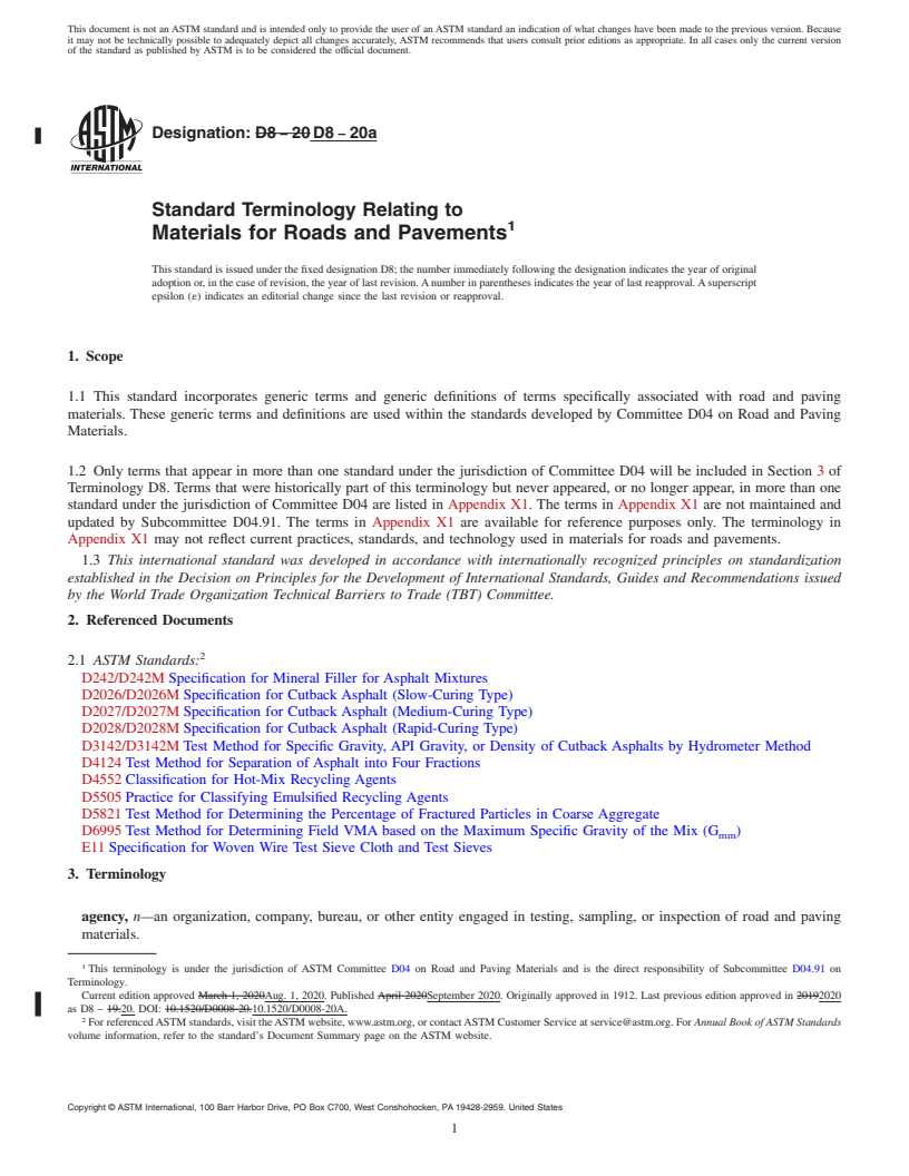 REDLINE ASTM D8-20a - Standard Terminology Relating to Materials for Roads and Pavements