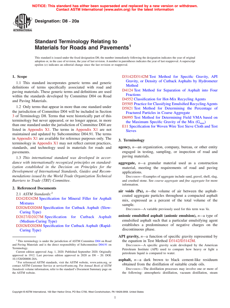 ASTM D8-20a - Standard Terminology Relating to Materials for Roads and Pavements