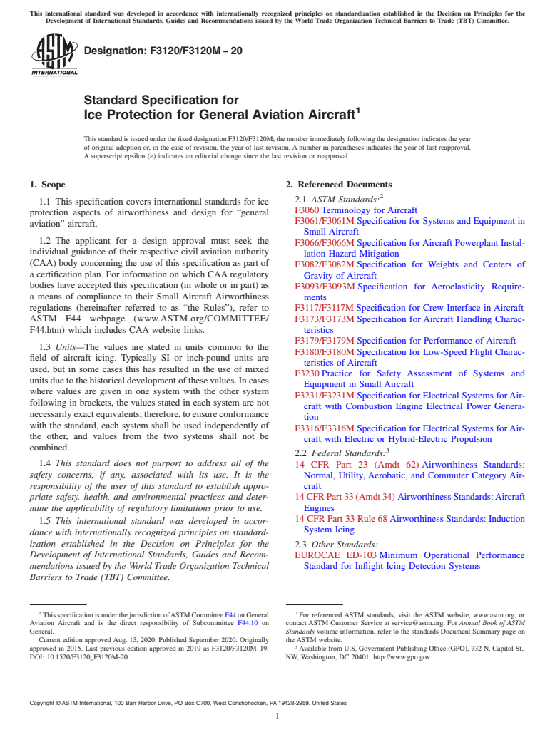 ASTM F3120/F3120M-20 - Standard Specification for Ice Protection for General Aviation Aircraft