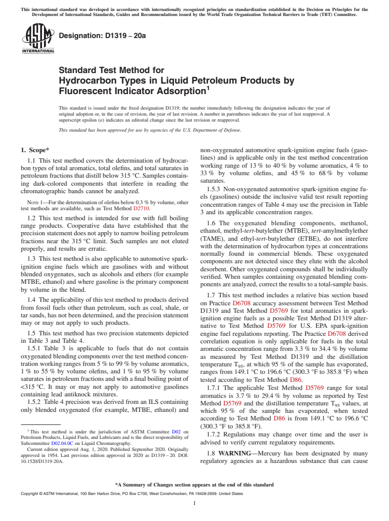 ASTM D1319-20a - Standard Test Method for Hydrocarbon Types in Liquid Petroleum Products by Fluorescent   Indicator Adsorption