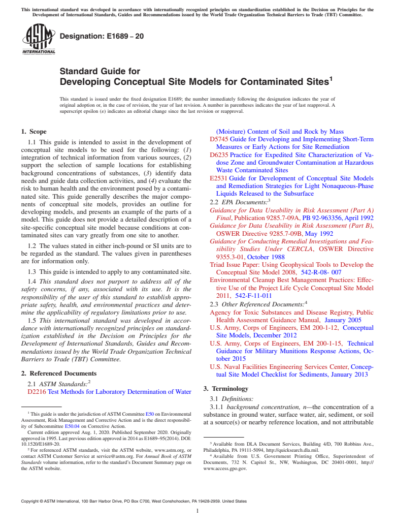 ASTM E1689-20 - Standard Guide for Developing Conceptual Site Models for Contaminated Sites