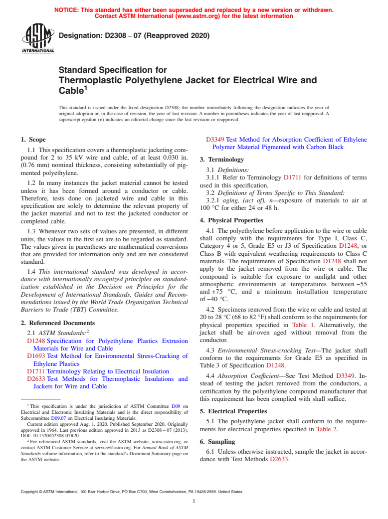 ASTM D2308-07(2020) - Standard Specification for  Thermoplastic Polyethylene Jacket for Electrical Wire and Cable