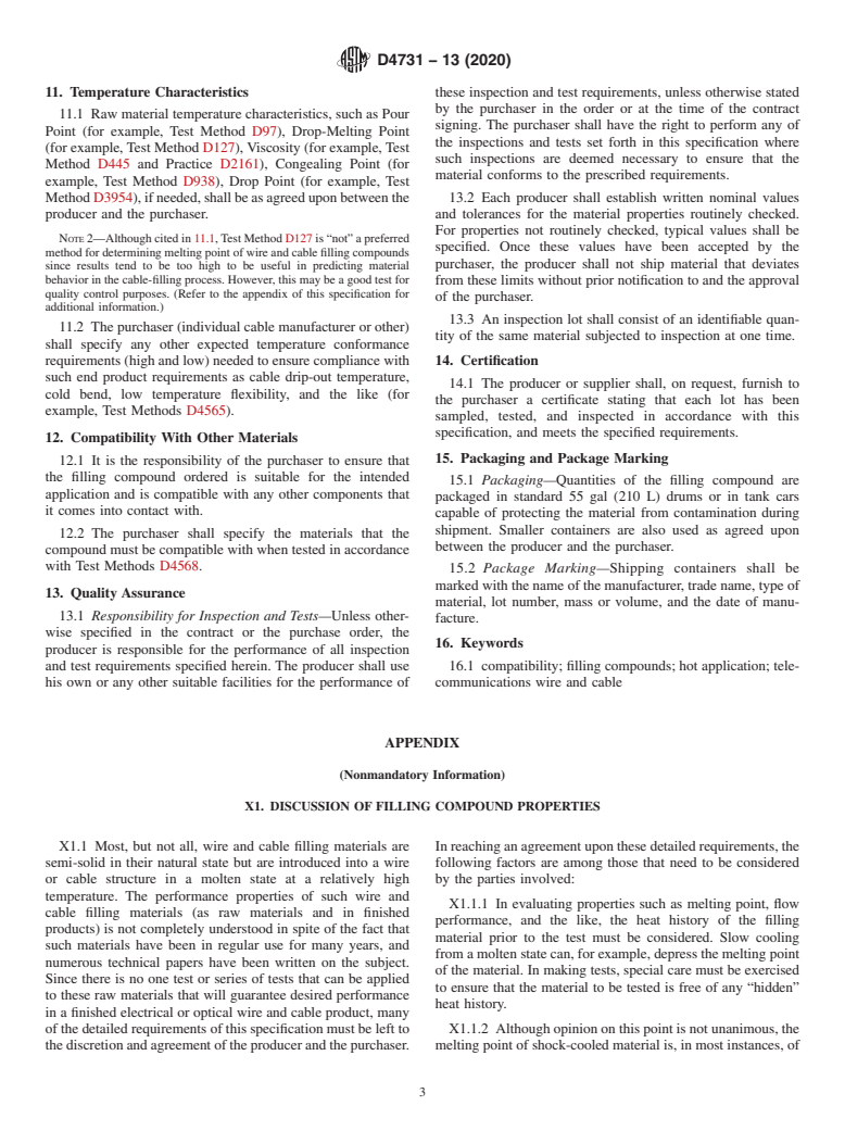 ASTM D4731-13(2020) - Standard Specification for  Hot-Application Filling Compounds for Telecommunications Wire   and Cable