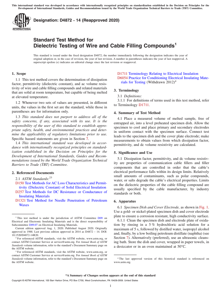 ASTM D4872-14(2020) - Standard Test Method for  Dielectric Testing of Wire and Cable Filling Compounds