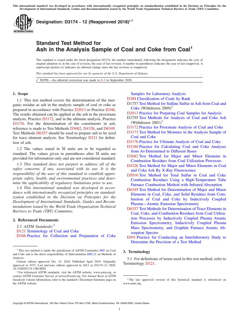 ASTM D3174-12(2018)e1 - Standard Test Method for  Ash in the Analysis Sample of Coal and Coke from Coal