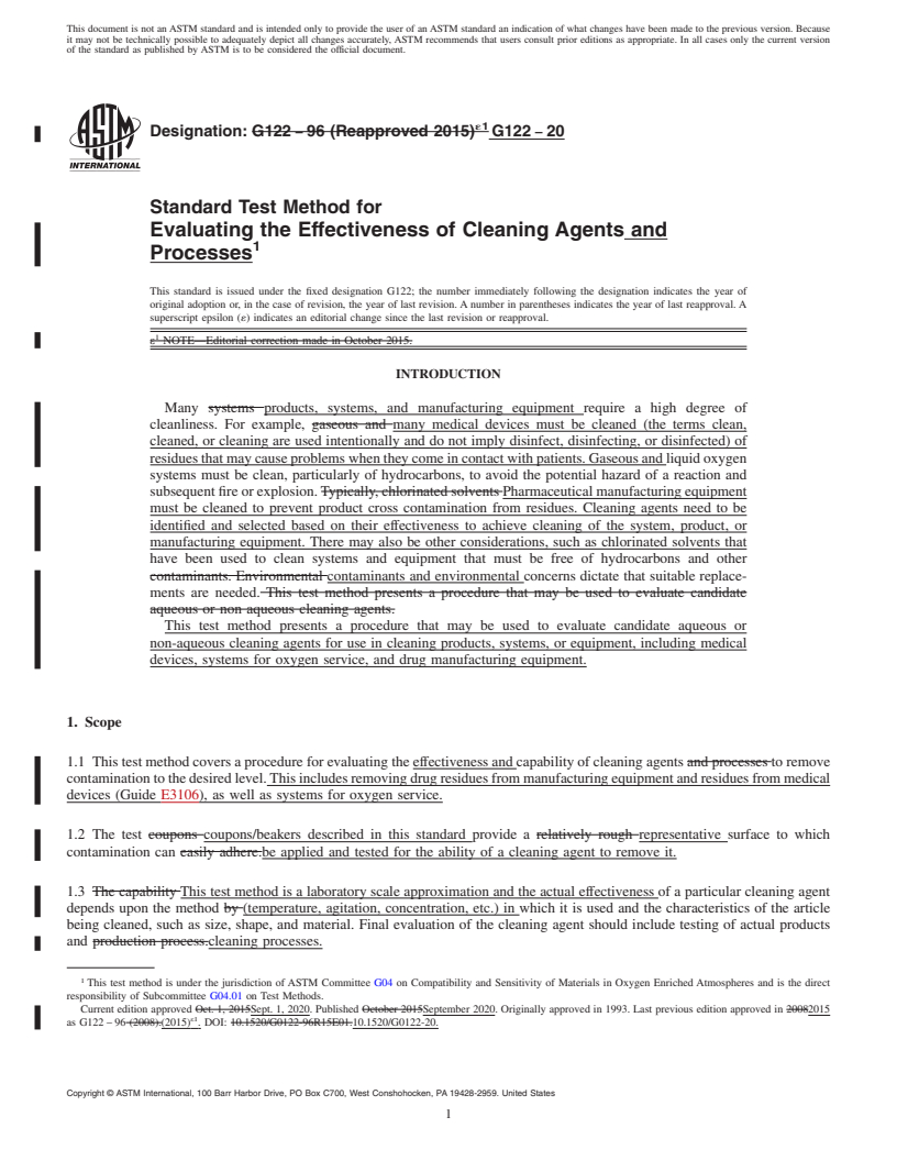 REDLINE ASTM G122-20 - Standard Test Method for  Evaluating the Effectiveness of Cleaning Agents and Processes