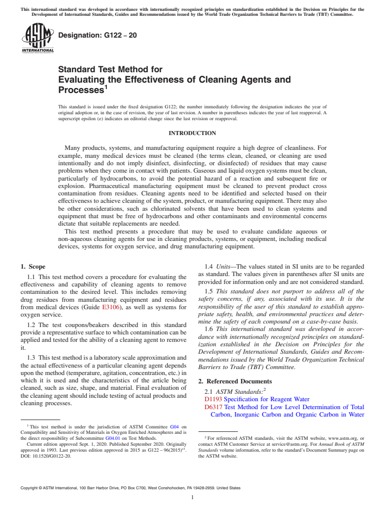 ASTM G122-20 - Standard Test Method for  Evaluating the Effectiveness of Cleaning Agents and Processes