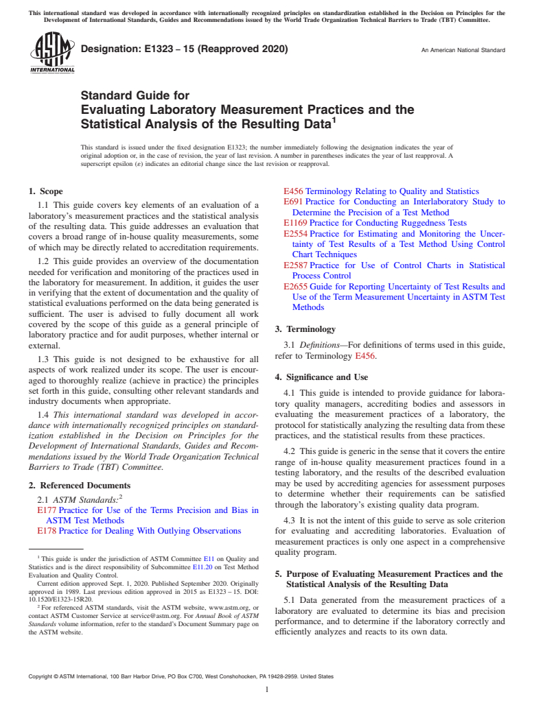 ASTM E1323-15(2020) - Standard Guide for  Evaluating Laboratory Measurement Practices and the Statistical  Analysis of the Resulting Data